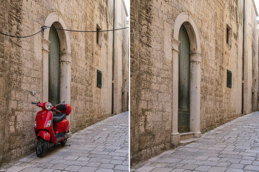 Real travel photo before and after showing an unwanted scooter and cable removed while the stone doorway and wall remain natural
