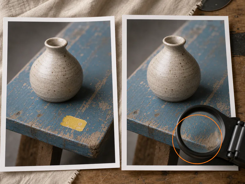 Real product photo comparison showing a distracting sticker removed while the painted wood texture and edge remain natural