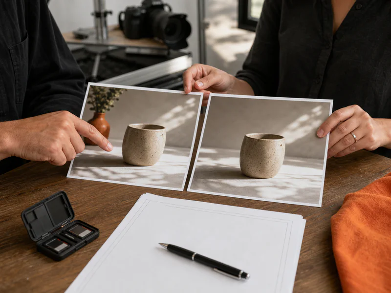 Photographer and client reviewing an authorized original and edited product photo with a blank permission form