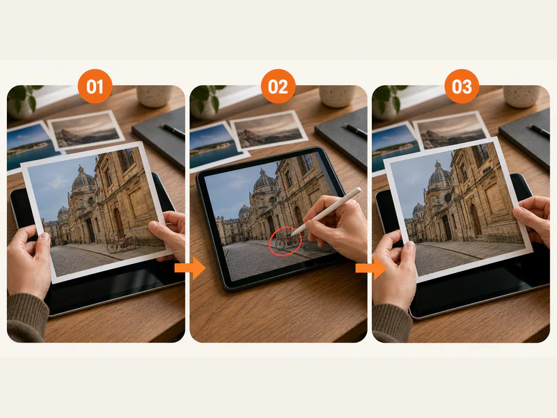 Three-step photo workflow showing upload, object selection, and a clean result for AI object removal