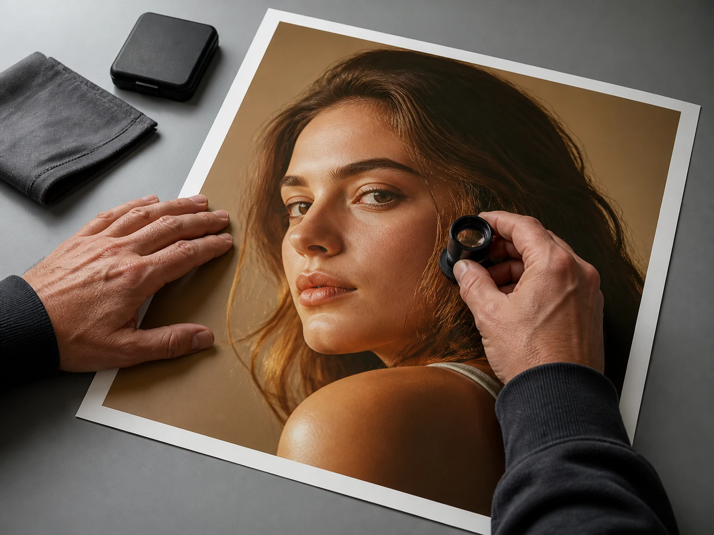 Photo editor checking skin texture and shadow edges in a relighted portrait