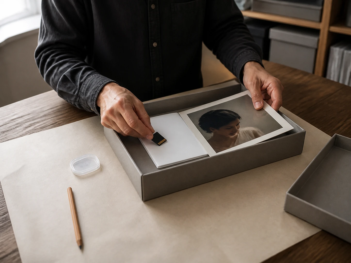 Photographer archiving an original memory card beside an AI-edited photo