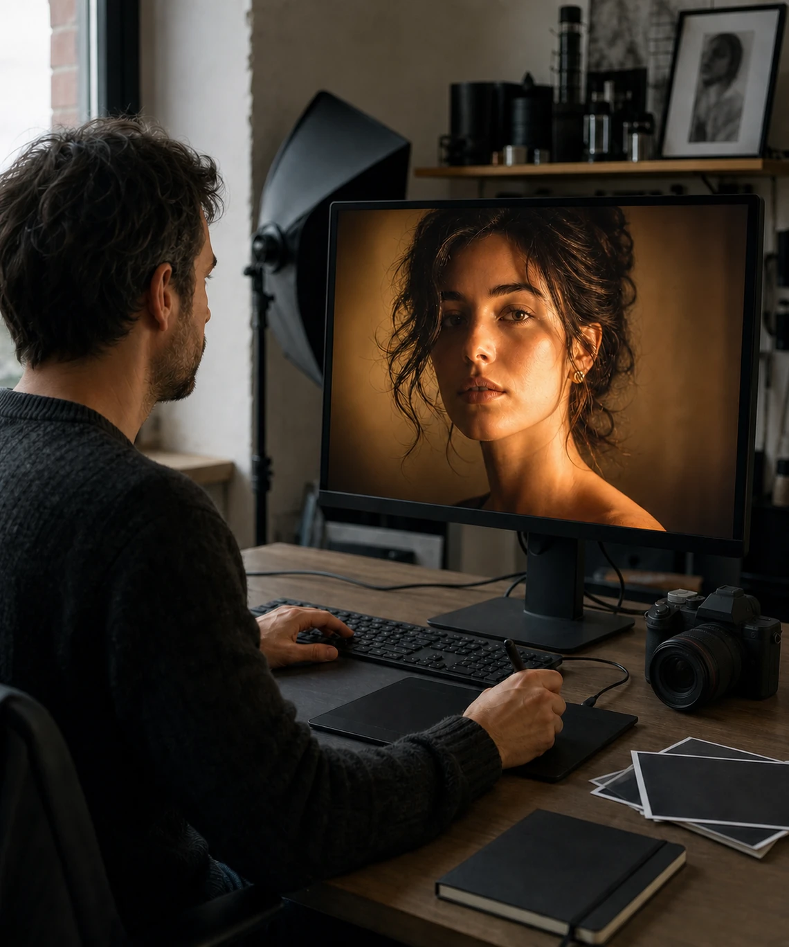 Photographer reviewing a relighted portrait in a realistic editing workflow
