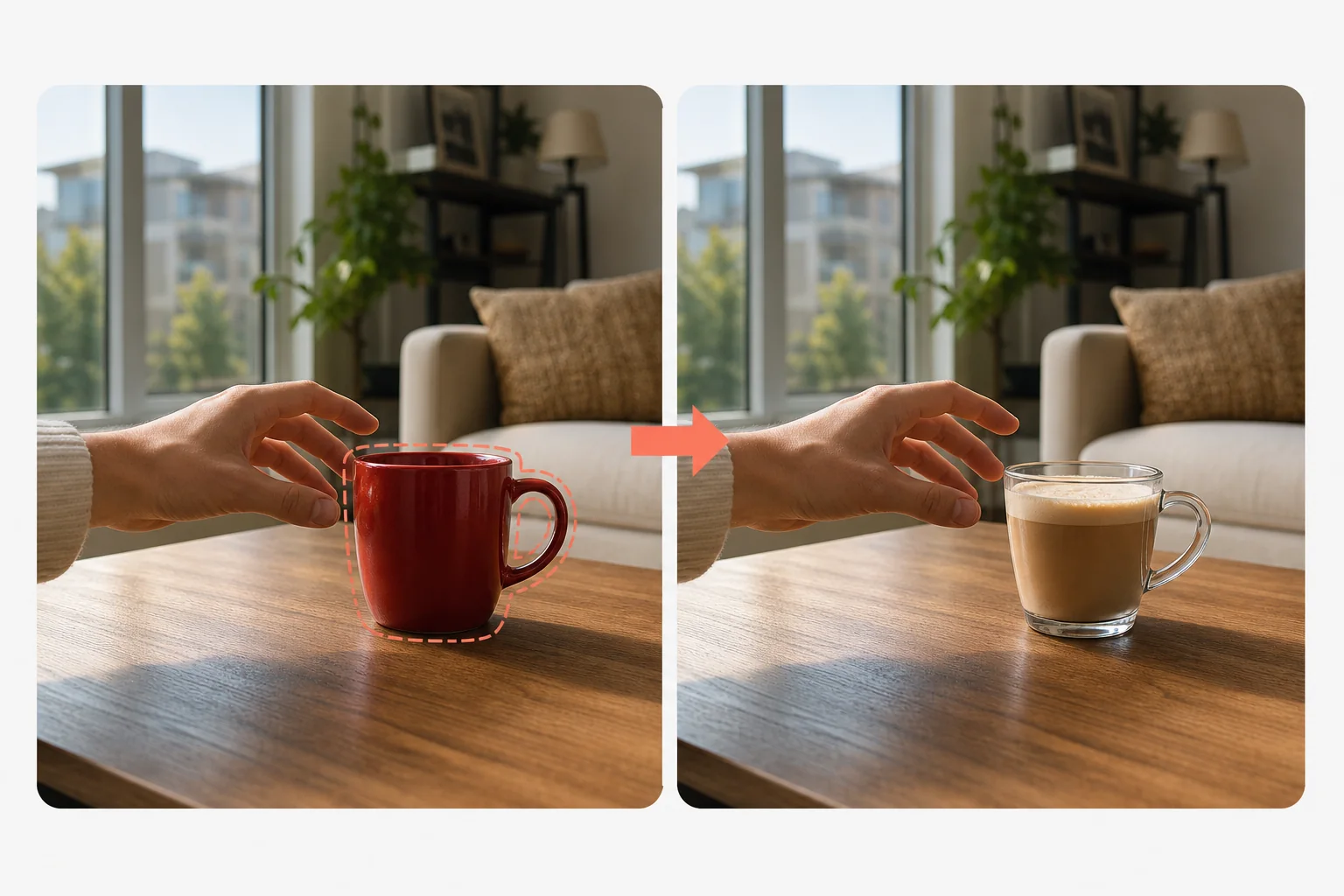 Visual diagram illustrating AI image replacer generative fill from a target object mask to a generated replacement
