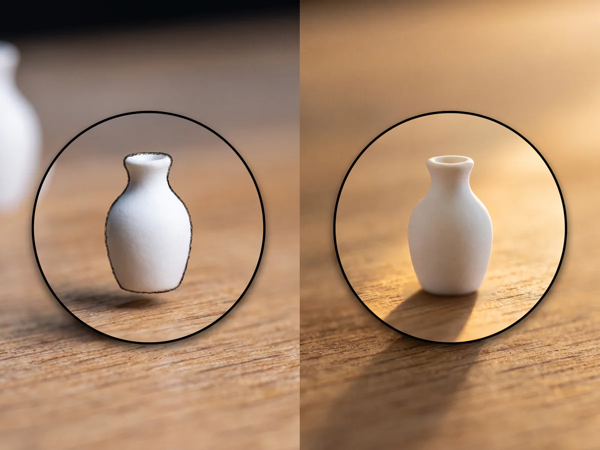 Close-up visual showing edge blending, perspective, and contact shadow quality after AI image replacement