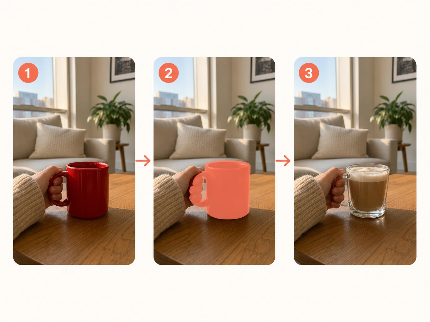 Three-step visual guide showing an original photo, a selected target object, and an AI replacement result