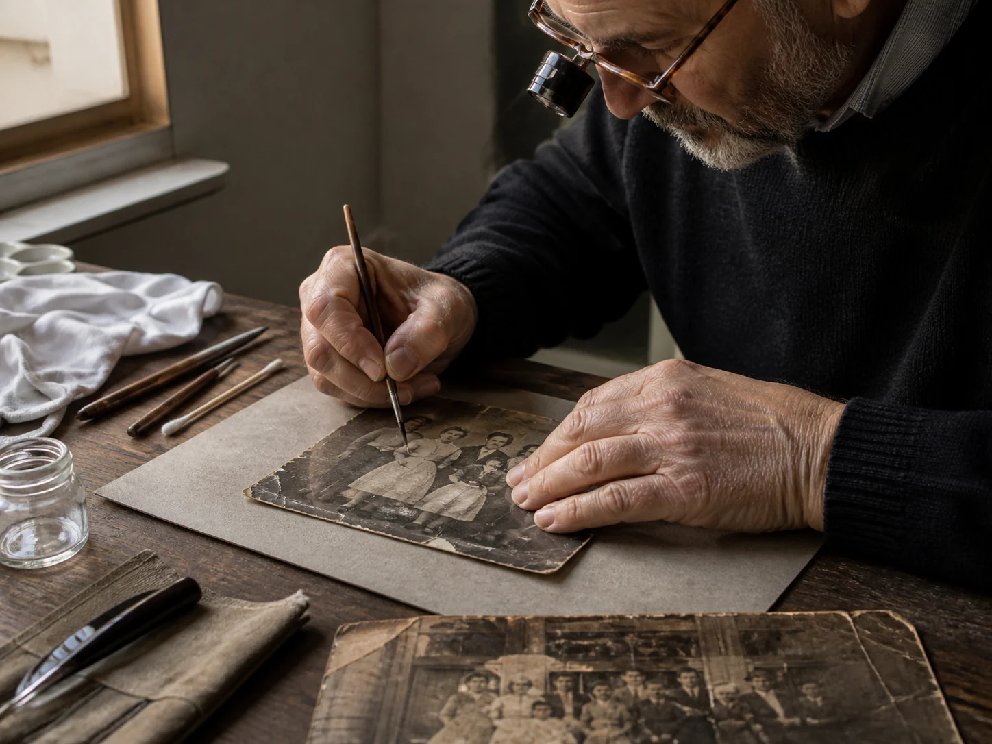 Photo archivist repairing a damaged print by hand with a loupe and fine brush