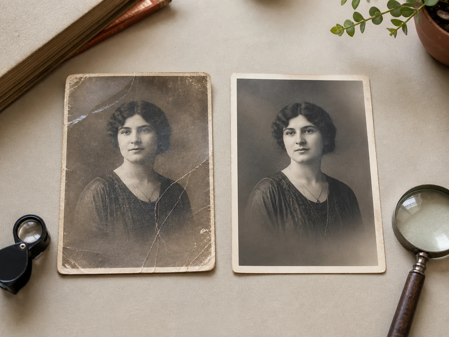 Two physical portrait prints compared for restoration and enhancement