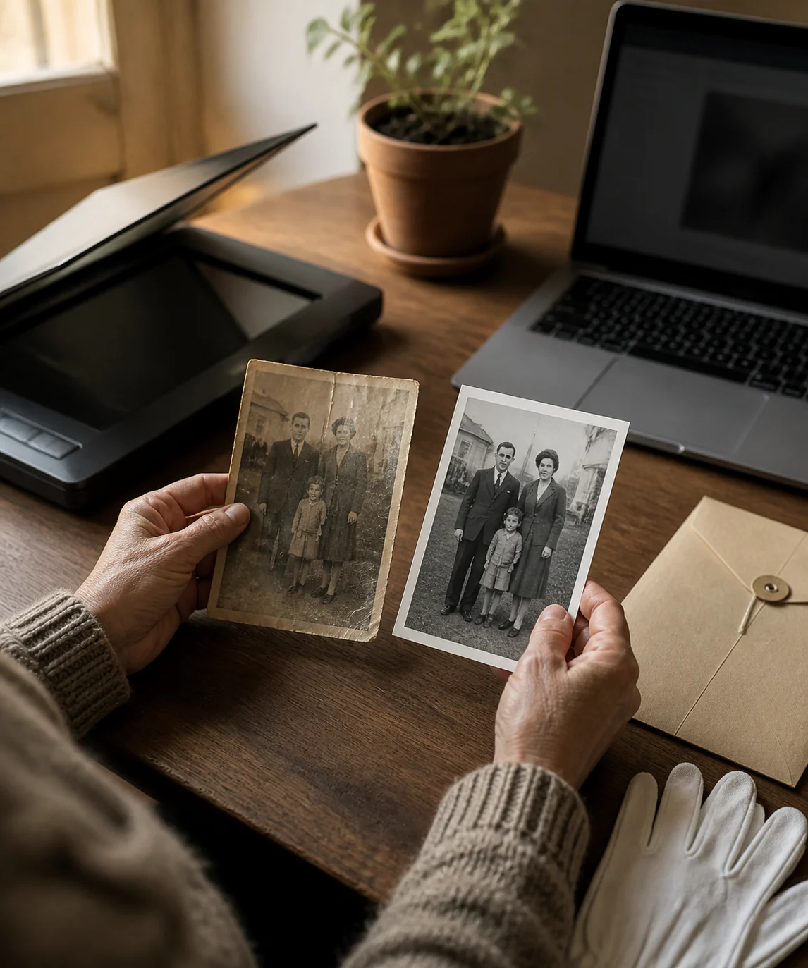 Hands comparing a damaged family photo with a restored print beside a scanner