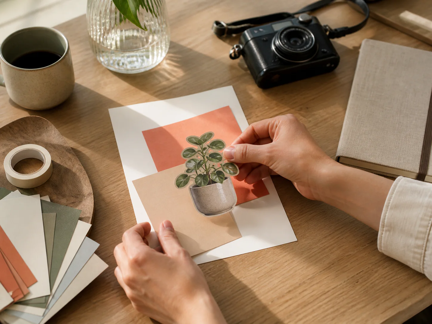 Hands arranging a plant photo cutout with color cards for a broader creative workflow