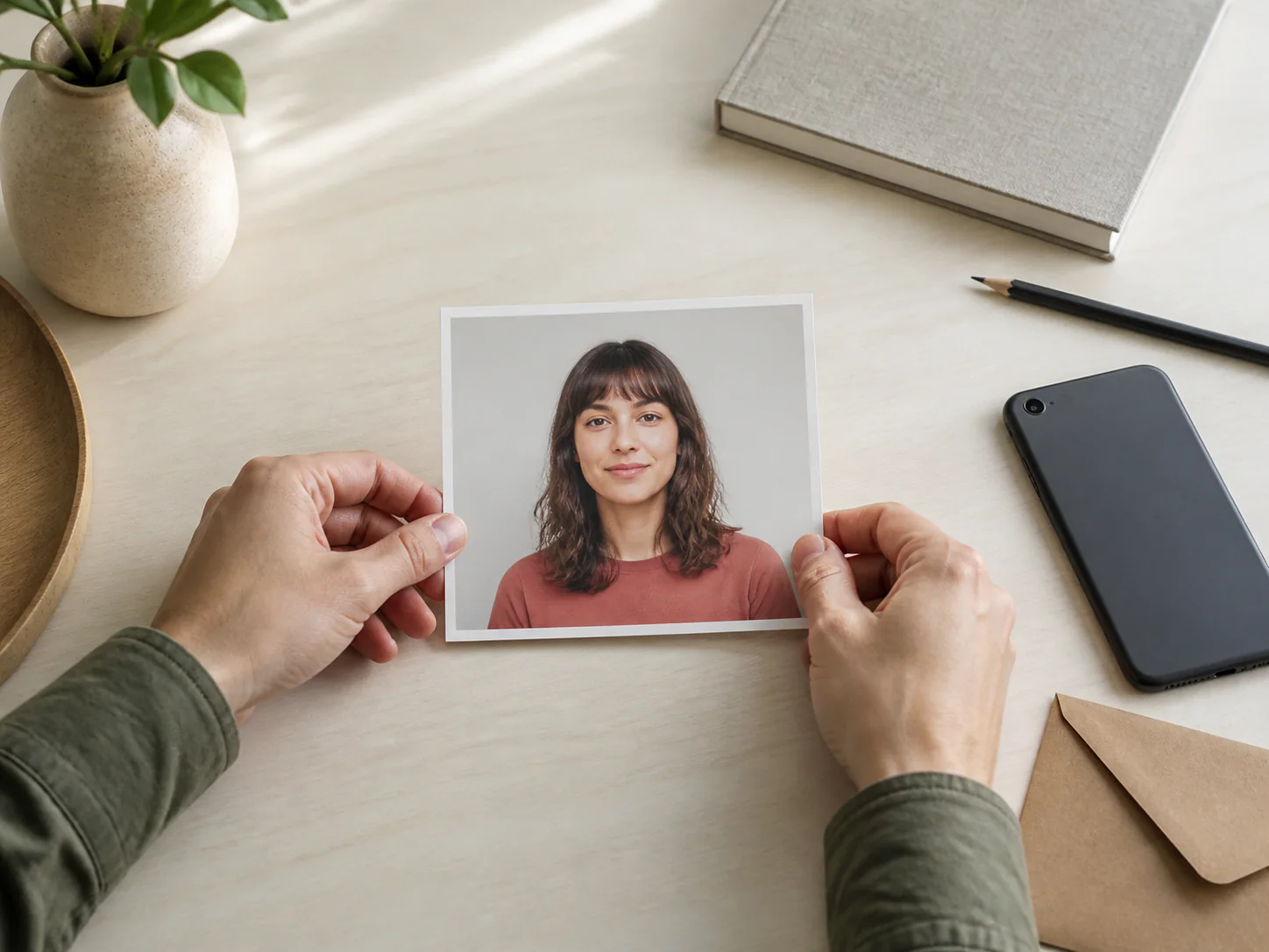 Hands reviewing a printed portrait on a desk during a background-removal workflow