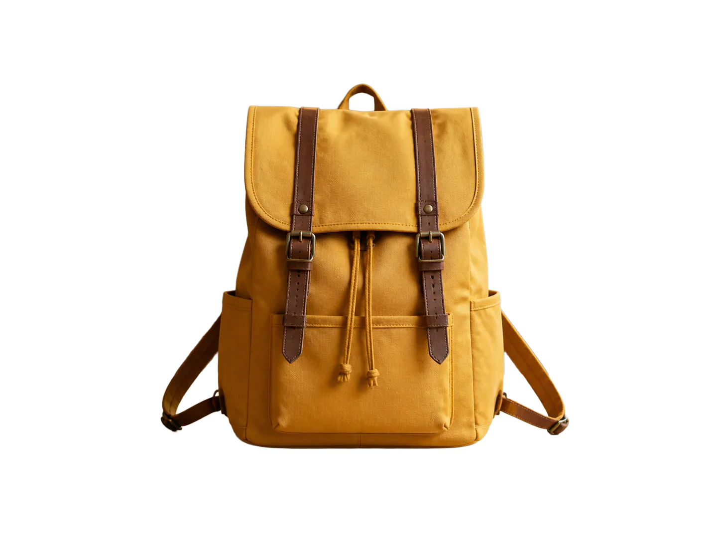 Transparent mustard backpack cutout created from a real cafe tabletop photo