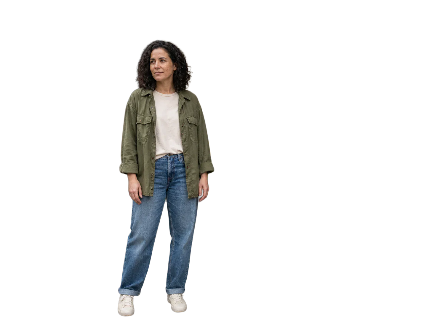 Isolated portrait cutout of a woman at a flower stall with hair and clothing preserved