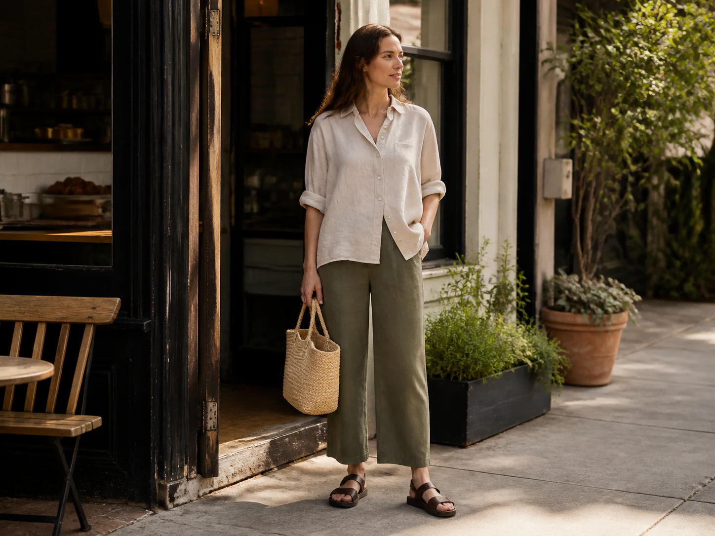 Woman standing at a cafe doorway before background removal